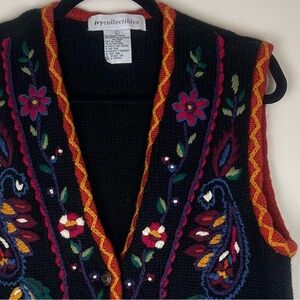 Vintage Chunky Knit Paisley Floral Embroidered Grandma Sweater Vest size Large